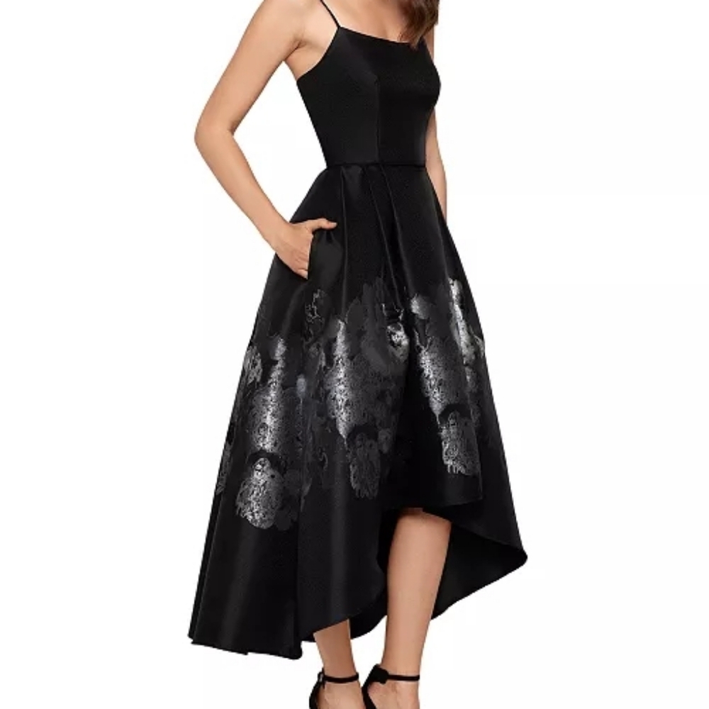 Xscape Black High-Low Cocktail Dress with Silver Floral Foil - Picture 2 of 5